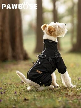 Black Waterproof Dog Rain Suit with Integrated Harness